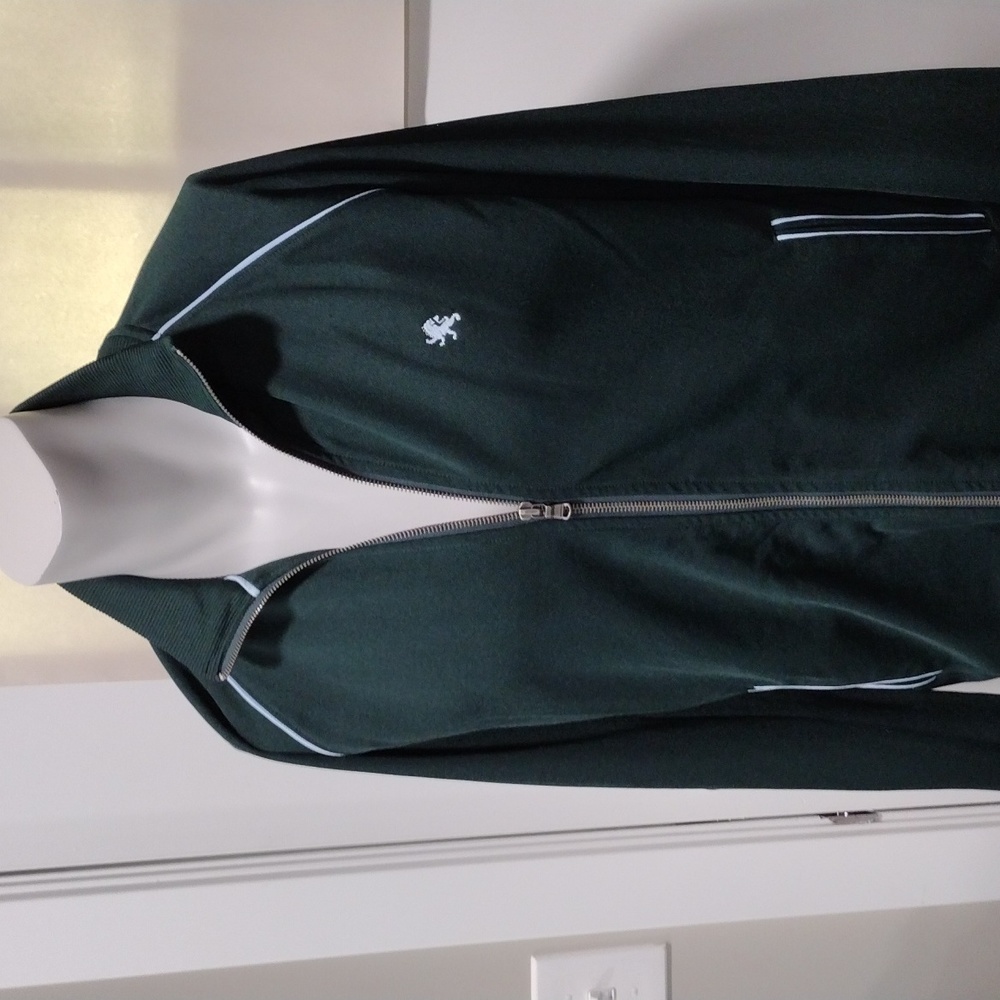 Express mens green zip jacket with light blue piping trim. Large
